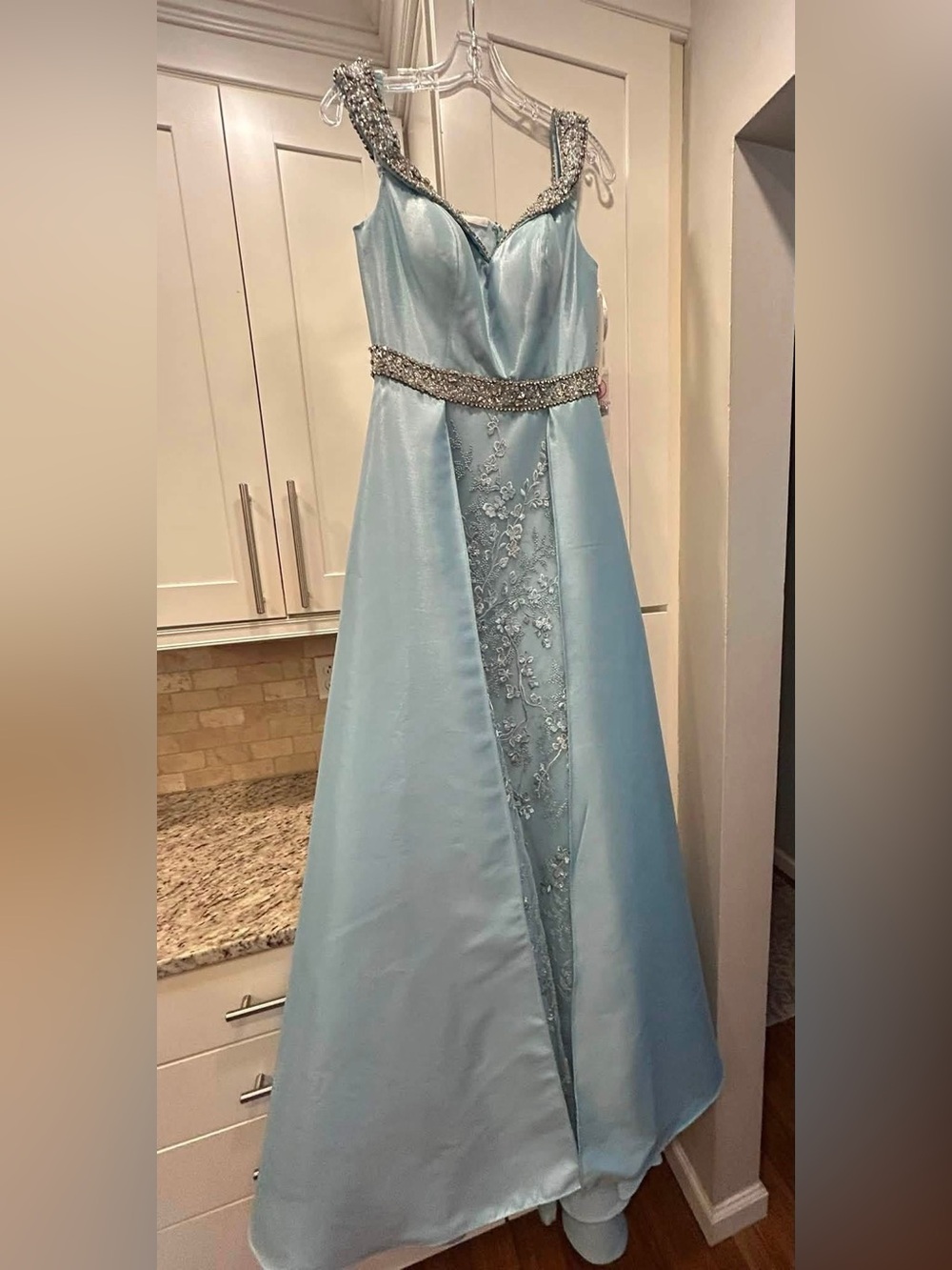 Ritzee Ice Blue Beaded Waistline Formal Gown